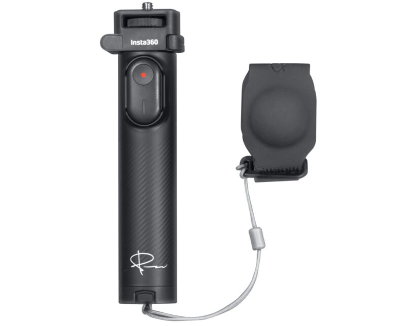 A black Insta360 selfie stick with a textured grip is shown. It features a button and a wrist strap with an attached holder. The brand logo and a signature are visible near the base.