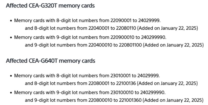 Text lists affected CEA-G320T and CEA-G640T memory cards, detailing specific 8-digit lot numbers for each type. Each type has two ranges, noted as added on January 22, 2025.