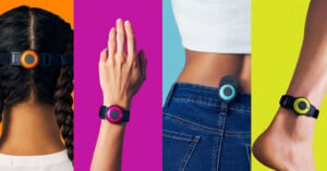 Four panels show colorful wearable devices. Left: orange on a woman's hair, second: pink on a wrist, third: blue on a waistband, right: yellow on an ankle. Bright backgrounds enhance the vibrant colors of the devices.