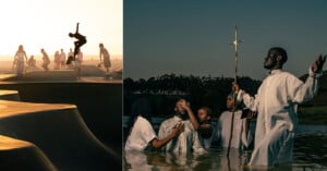 Left: Silhouettes of people at a skatepark with one person performing a trick against the sunset. Right: A group in white robes standing waist-deep in water, a person holding a cross while another is being baptized.