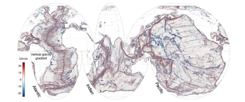 Map of global seafloor topography, showing vertical gravity gradients. Colors range from blue (low) to red (high), depicting variations in the Atlantic, Indian, and Pacific Oceans.