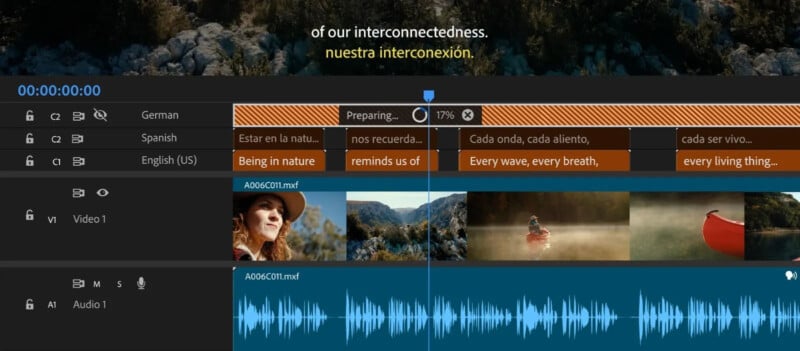  “of our interconnectedness. nuestra interconexión.” The timeline includes clips of nature and a waveform audio track.