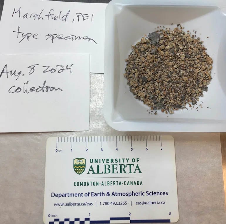 A sample of​ rocky material labeled 'Marshfield, PEI type specimen' ⁣is displayed on a tray. ‍The date 'Aug. 8, 2024' ​is noted. Below, a ruler and University of Alberta Earth & Atmospheric Sciences card are visible.