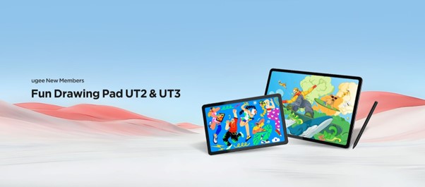 Illustration of two digital drawing tablets with colorful cartoon artwork on their screens, set against a soft blue and pink background. A stylus is beside each tablet. Text reads "ugreen New Members Fun Drawing Pad UT2 & UT3.