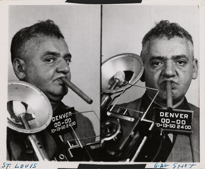 A man poses for two mock mugshot photos, holding a camera with a flash. He has a large cigar in his mouth and is wearing a checkered jacket. The sign in front of him reads "Denver 00-00 10-13-50 2400." Handwritten notes are visible at the bottom.