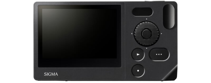 The image shows the back of a Sigma digital camera featuring a large, rectangular LCD screen on the left and several control buttons, including a circular navigation pad and other function buttons, on the right.