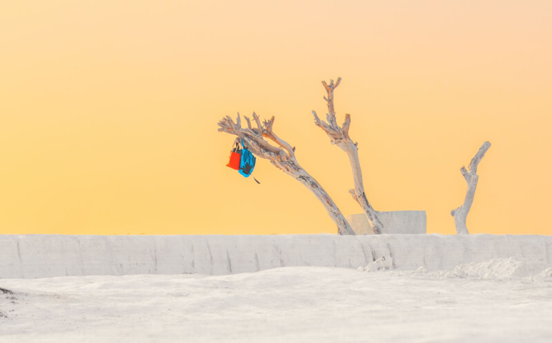 A minimalist scene featuring a barren tree on a white, sandy landscape against a pastel orange sky. Two vibrant bags—a red one and a blue one—hang from the branches, providing a splash of color.