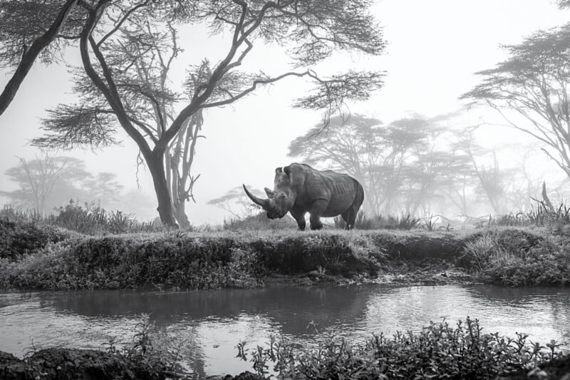 A rhinoceros stands near a small body of water, surrounded by tall trees in a foggy landscape. The monochrome image captures the serene and misty atmosphere of the natural setting.