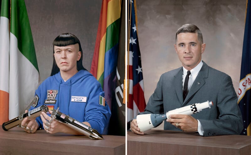 A split image features two individuals. On the left, a person with dark hair in a blue jacket holds a space-themed object in front of flags. On the right, a person in a suit with short hair holds a similar object in front of a NASA emblem and a flag.