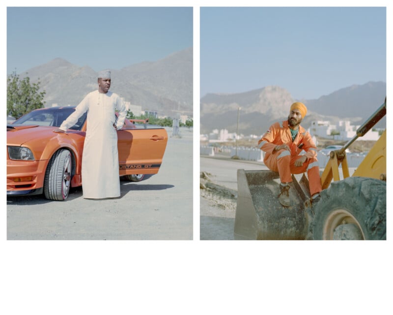 Two photos side by side. Left: A person in traditional attire stands beside an orange Mustang car. Mountains in the background. Right: A person in orange work attire and a turban sits on construction equipment, city backdrop with distant mountains.