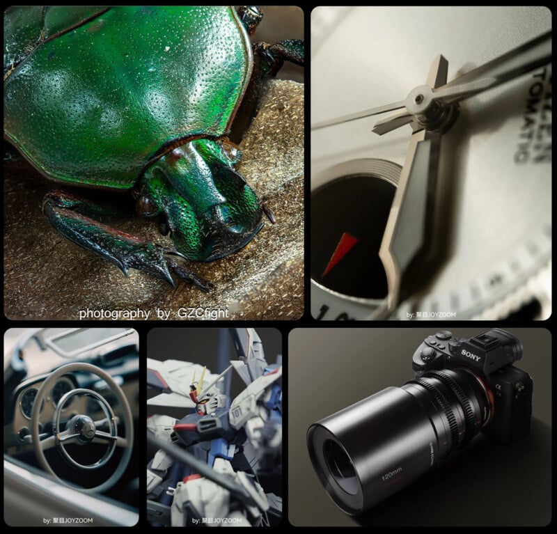 A collage featuring a close-up of a green beetle, a watch face with time at 11:59, a sleek car steering wheel, a mecha model, and a black Sony camera with a telephoto lens.