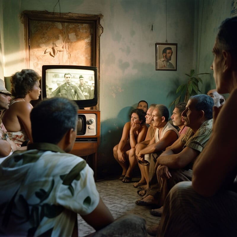 A group of people sitting closely in a dimly lit room, watching an old TV set displaying a man in uniform. The room has worn walls with a small framed picture and a potted plant in the corner. The atmosphere feels focused and engaged.