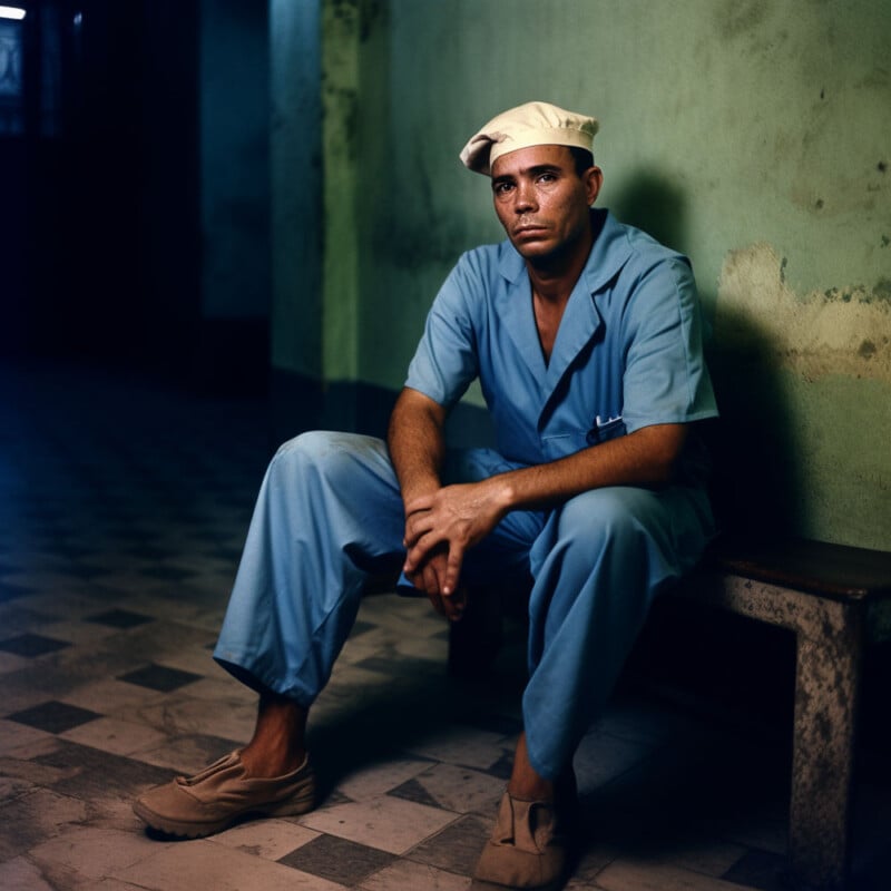 A man in a light blue uniform and beige beret sits on a bench. He appears serious and is in a dimly lit room with green walls and checkered flooring.