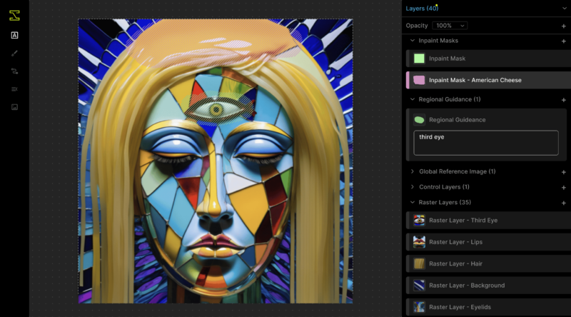 A digital artwork of a face made from colorful stained glass pieces, featuring a third eye on the forehead. The design includes flowing golden hair and thick, metallic blue eyelids, set against a radiant blue and white background.