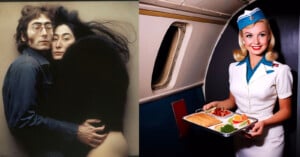 A couple in a close embrace, both wearing dark clothing, stand on the left. On the right, a smiling flight attendant in a white and blue uniform holds a meal tray inside an airplane.