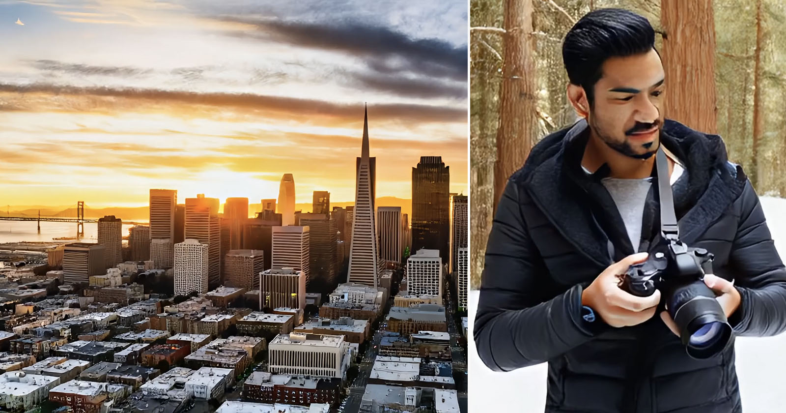 Left: Aerial view of a city skyline at sunset, with skyscrapers and a bridge. Right: A person in a black jacket holding a camera, standing in a snowy forest with tall trees.