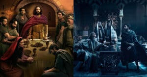 Two contrasting scenes: left shows a historic banquet with people in ancient attire gathered around a table; right depicts a group of individuals in traditional Middle Eastern clothing in a dimly lit, ornate room with intricate wooden decor.