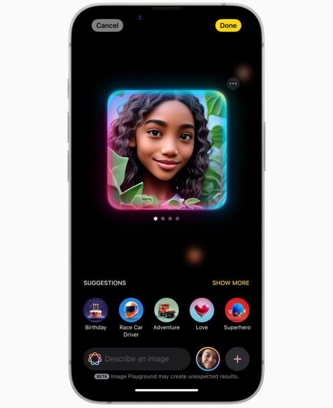 A smartphone screen displays an app interface with a digital avatar of a smiling woman with curly hair and tropical leaves in the background. Below, there are colorful icons labeled for different themes like Birthday, Adventure, and Love.