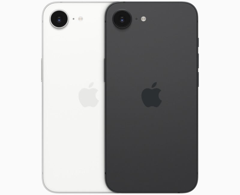 Two smartphones are shown from the back, one white and one black. Both have a single rear camera and an Apple logo in the center. They are positioned side by side, with the black phone slightly overlapping the white one.