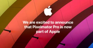 Colorful curved ceiling with an Apple logo and text: "We are excited to announce that Pixelmator Pro is now part of Apple.