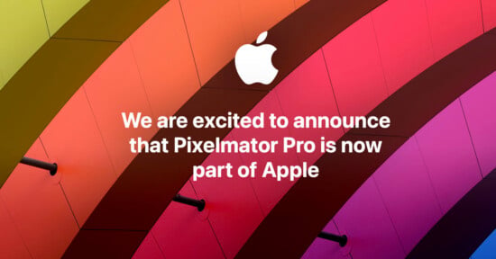 Colorful curved ceiling with an Apple logo and text: "We are excited to announce that Pixelmator Pro is now part of Apple.