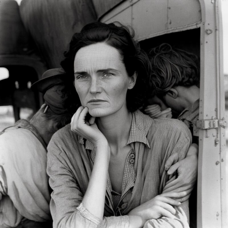 A black-and-white photo of a woman with a contemplative expression, resting her chin on her hand. She stands in front of an open vehicle door, with a child leaning on her shoulder and another figure partially visible behind her.