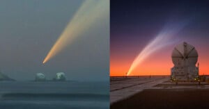 Left: A comet with a bright tail crosses the starry sky above a calm ocean, with rock formations in the background. Right: A telescope under a starry sky captures the same comet with its tail stretching across an orange-tinted horizon.