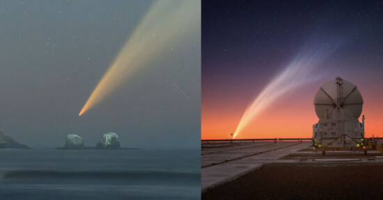 Left: A comet with a bright tail crosses the starry sky above a calm ocean, with rock formations in the background. Right: A telescope under a starry sky captures the same comet with its tail stretching across an orange-tinted horizon.