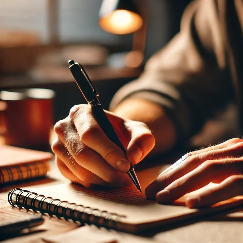 A person writes in a spiral notebook at a wooden desk, lit by a warm desk lamp. The setting creates a cozy and focused atmosphere, with a coffee mug and additional notebooks in the background.