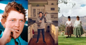 From left to right: A close-up of a person with red hair and a thoughtful expression, a person in a kitchen holding a large spatula, and two people wearing traditional clothing standing in a field with mountains in the background.