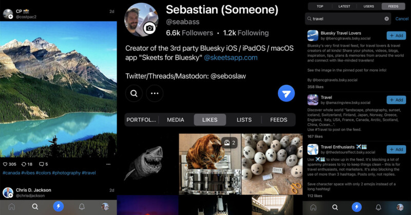 Screenshot of a social media profile. Top shows a cover photo of a mountain and lake. Profile details for "Sebastian" include 6.6k followers. Posts shared include a cat with a typewriter and arranged rocks. Sidebar displays trending topics.