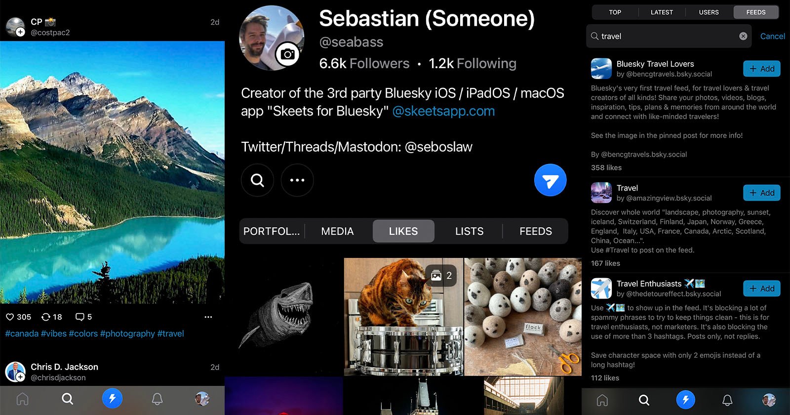 Screenshot of a social media profile. Top shows a cover photo of a mountain and lake. Profile details for "Sebastian" include 6.6k followers. Posts shared include a cat with a typewriter and arranged rocks. Sidebar displays trending topics.