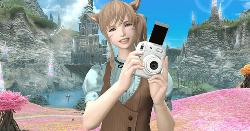 A character with cat ears and a cheerful expression holds a camera against a bright landscape. The background features a fantasy setting with a tall, ornate tower, vibrant pink and green fields, and a clear blue sky.