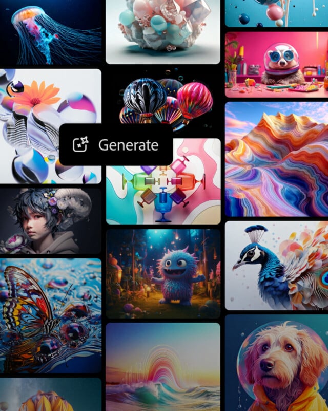 A grid of artistic and colorful AI-generated images, including abstract patterns, a peacock, a butterfly, a dog, and a jellyfish. A "Generate" button icon is at the center of the grid.