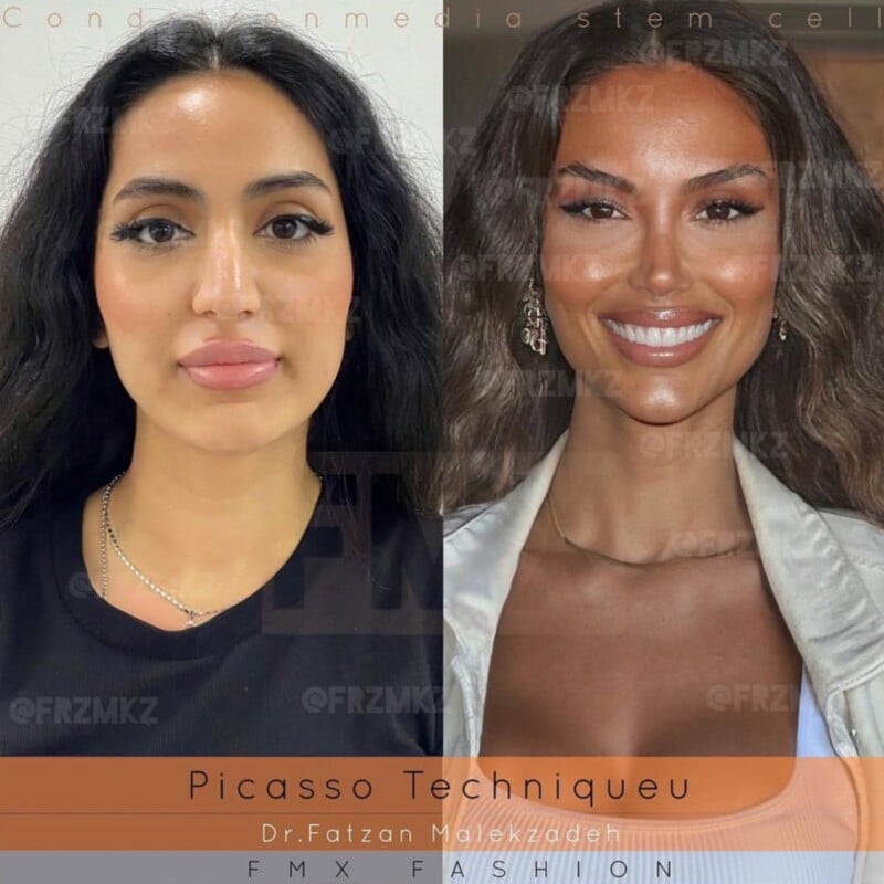 Split image showing two different women. The left side features a woman with long dark hair and minimal makeup, while the right side shows a woman with wavy brown hair, smiling and wearing makeup. Text overlays on the image mention "Picasso Technique" and "FMX Fashion.