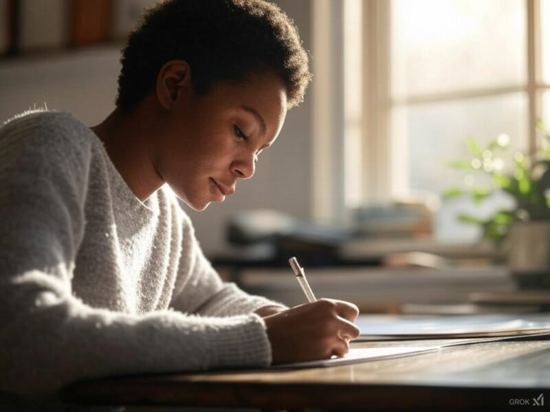 Person with short hair wearing a sweater is sitting at a table, writing in a notebook. Sunlight streams through a window, illuminating the scene. A stack of books and a small plant are visible in the background.