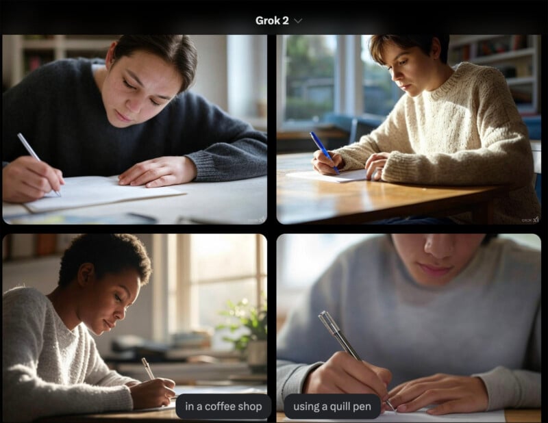 Four individuals writing at desks. Top left: person in a gray sweater focusing on paper. Top right: person in a white sweater writing. Bottom left: person working in a coffee shop setting. Bottom right: close-up of hands using a quill pen.