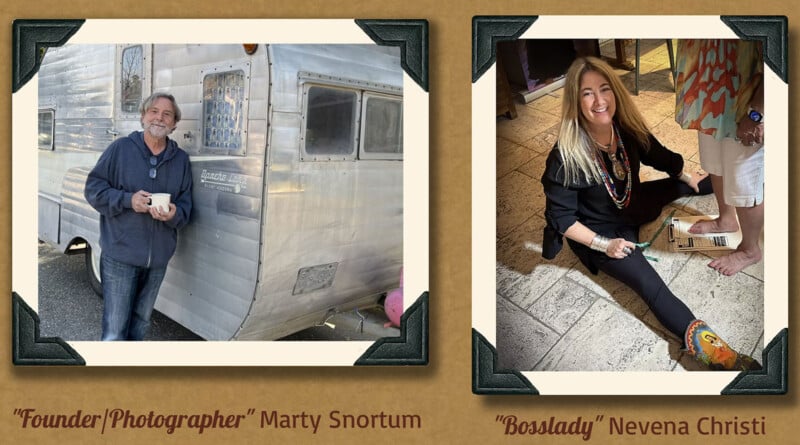 On the left, a smiling person with a beard holds a mug, standing next to a vintage trailer. On the right, a person with long blonde hair sits on a tiled floor, smiling, as they draw on someone's leg. Both images have stylized frames.