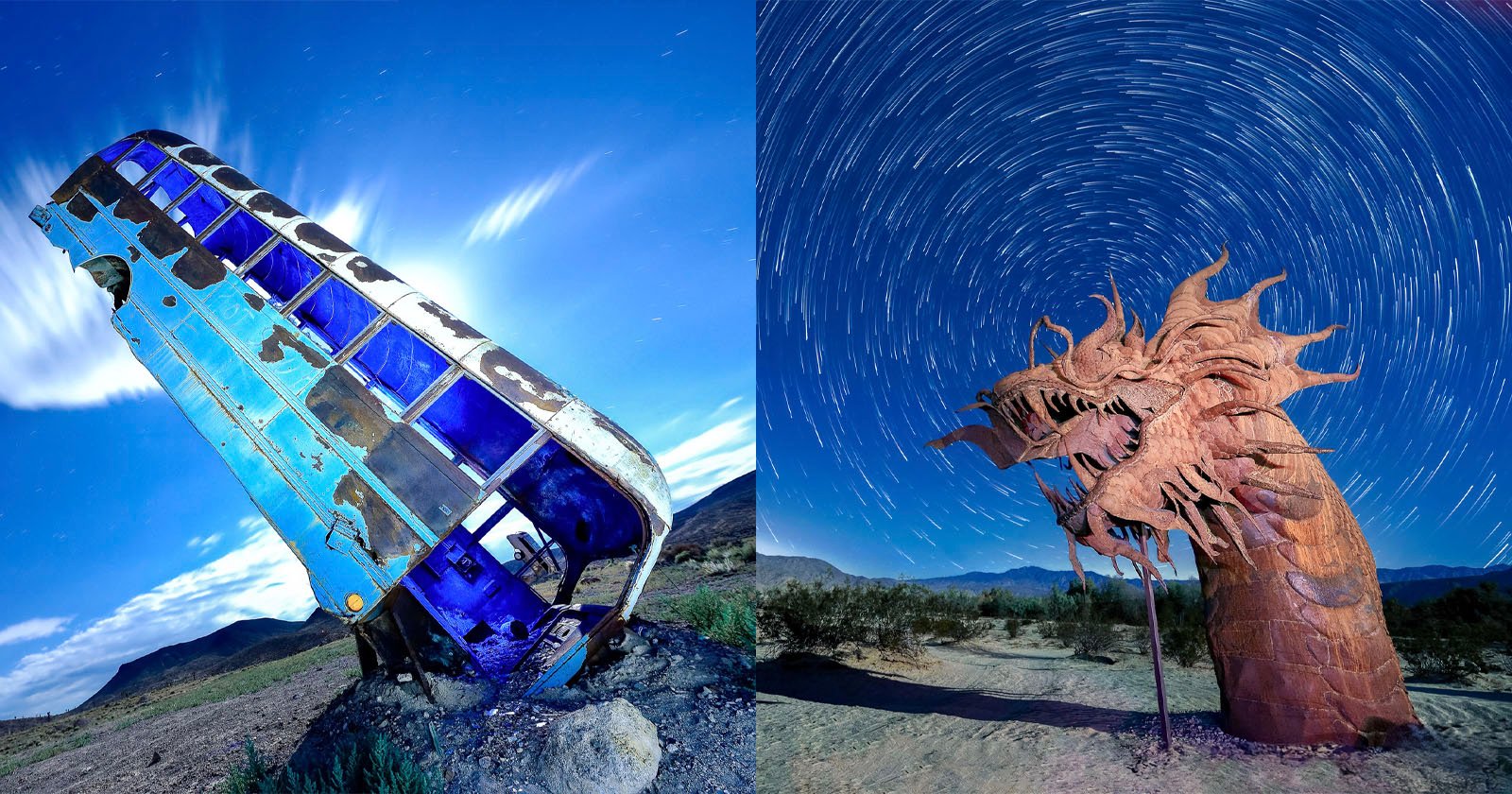 A split image: left shows a weathered blue bus embedded in the ground, tilted into a night sky; right displays a large, intricately detailed dragon sculpture under swirling star trails. Both scenes occur in a desert landscape.