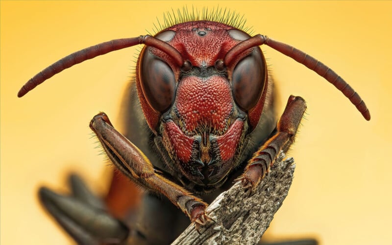 Close-up of a red and black insect with large, compound eyes and segmented antennae, holding a small piece of wood. The background is a soft yellow, highlighting the intricate details and texture of the insect's head and body.