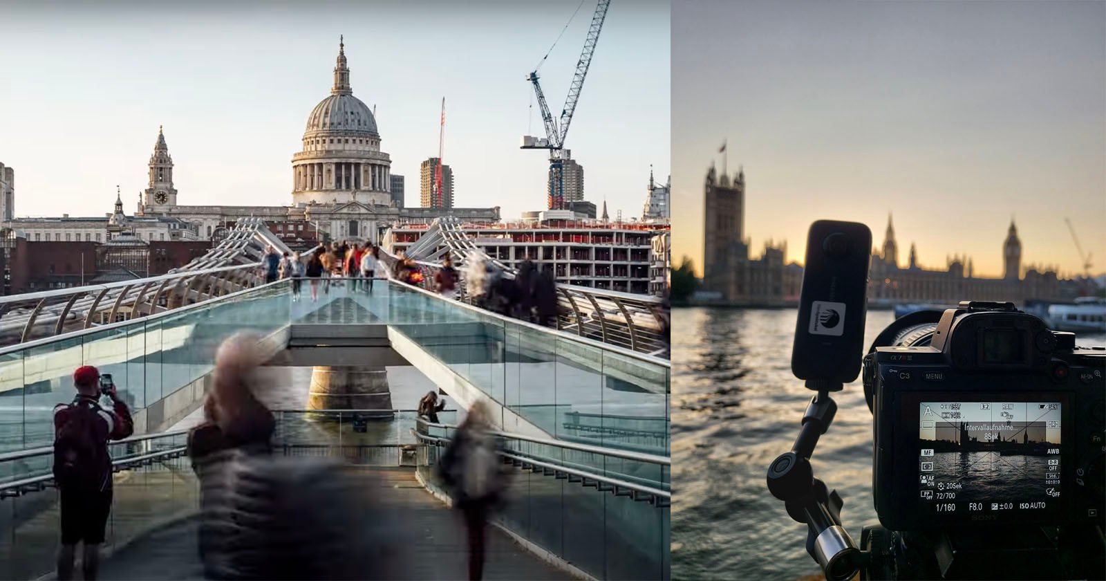 Split image: Left shows people walking on a modern bridge towards a cathedral with cranes in the background. Right displays a camera on a tripod by a river, capturing a view of historic buildings at sunset.