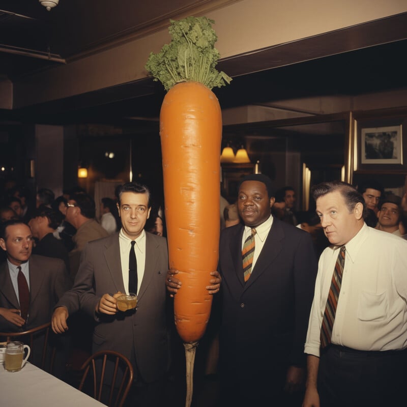 Three men in suits pose with a giant carrot in a lively restaurant or bar setting. The man on the left holds a drink. The room is filled with people and decorated with mirrors and framed pictures.