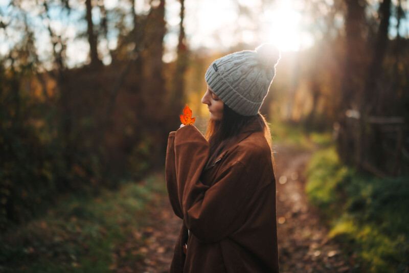 A person in a brown coat and gray knit hat stands on a forest path, holding a red leaf to their face. The sun shines through the trees in the background, creating a warm and serene atmosphere.