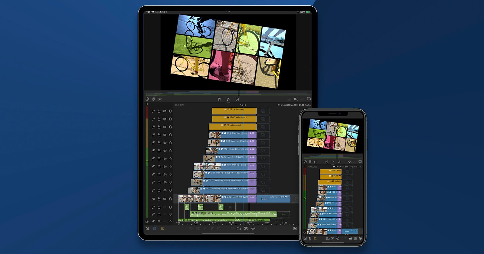 A tablet and smartphone display a video editing app. The screens show a timeline with multiple video and audio tracks, and a preview of a video collage featuring various bicycle images. The background is a gradient of dark blue.