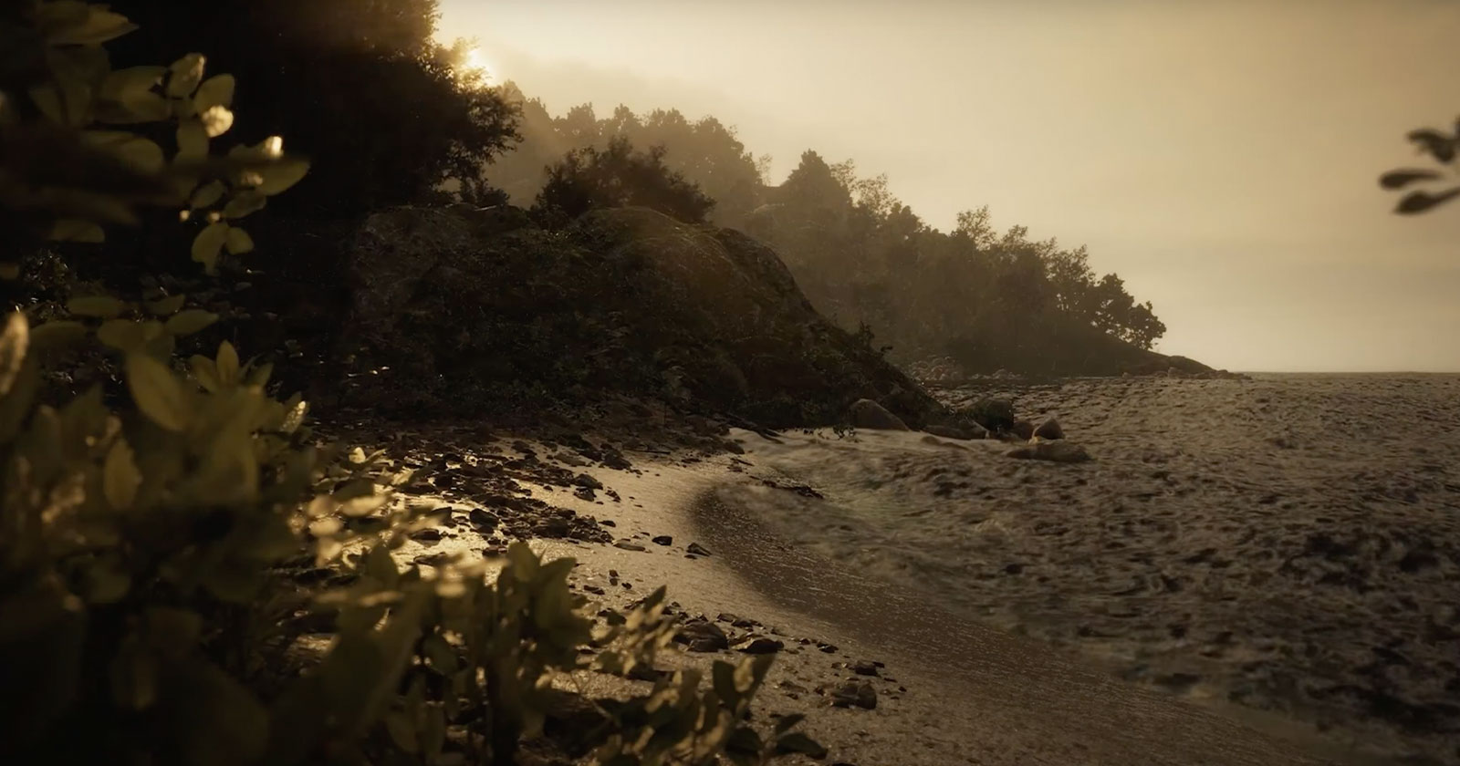 A serene coastline at sunset, with gentle waves lapping against a sandy beach. Silhouetted trees and rocky formations sit under a golden sky, creating a tranquil and picturesque scene.