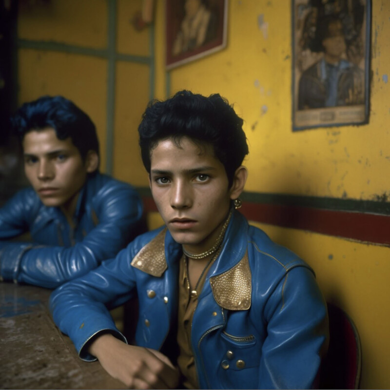 Two young men with serious expressions sit at a table. They wear blue leather jackets and have dark, styled hair. The background features yellow walls with framed pictures. The lighting is dim, adding an intimate atmosphere to the scene.