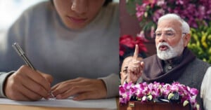 The image is split into two sections: on the left, a person writes with a pen on paper. On the right, a person gestures while speaking at a podium adorned with pink and purple flowers.