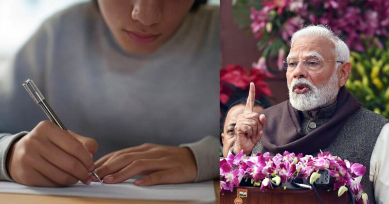  on the left, a person writes with a pen on paper. On the right, a person gestures while speaking at a podium adorned with pink and purple flowers.