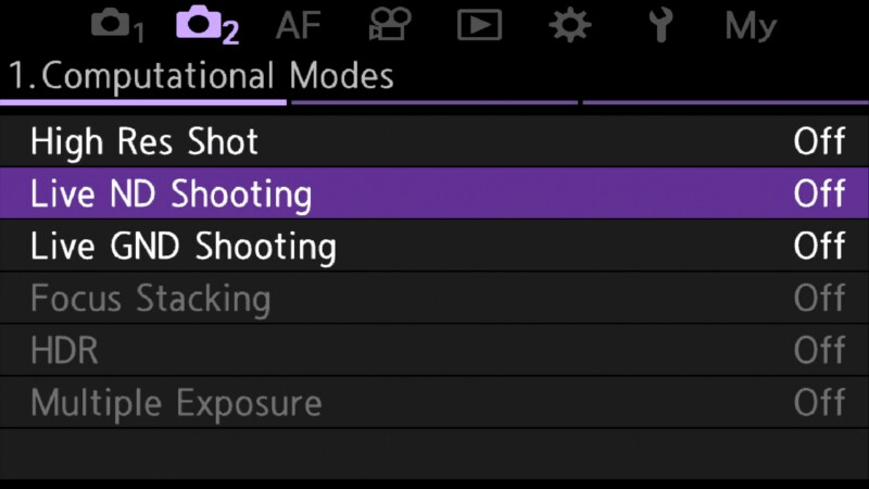 Camera menu showing Computational Modes with options: High Res Shot, Live ND Shooting, Live GND Shooting, Focus Stacking, HDR, and Multiple Exposure. "Live ND Shooting" is highlighted and set to "Off.