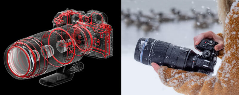 Split image: left shows a camera with lens in a red outline over black background, detailing internal components; right shows a person in a snow-covered coat holding the camera with a lens, pointing towards a group of blurred birds in the distance.